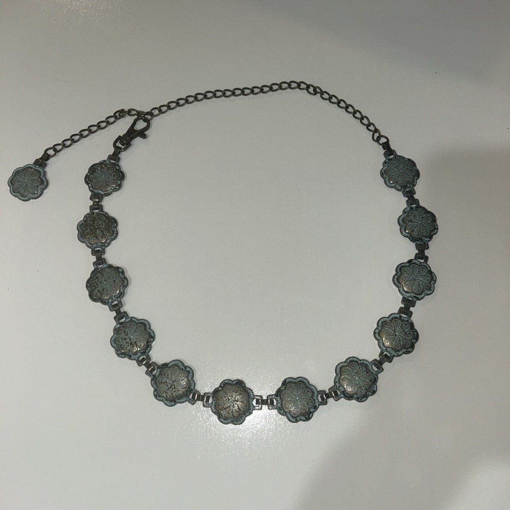 Vintage Style Western Concho Chain Belt‎ Turquoise Patina Floral Boho